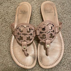 Tory Burch Miller Flat Metal Logo Slide Sandals Nude Gold